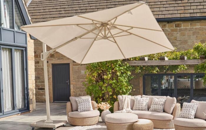 Platinum Nexus T2 3m Square Cantilever Parasol With Venezia 90kg Ceramic Wheeled Base - Sandstone/Champagne