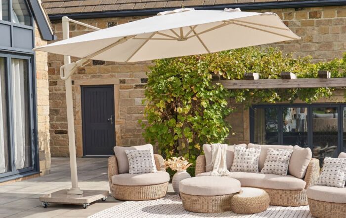 Platinum Nexus T2 3m Square Cantilever Parasol With Venezia 90kg Ceramic Wheeled Base - Sandstone/Champagne