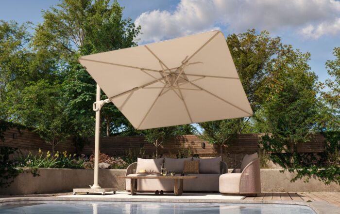 Platinum Nexus T2 Premium Sandstone/Champagne Free Arm Parasol With Venezia 90kg Ceramic Wheeled Base