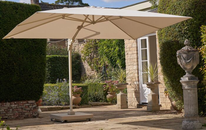 Platinum Challenger T2 3.5 x 2.6 Sandstone/Champagne Free Arm Parasol With 90kg Wheeled Base