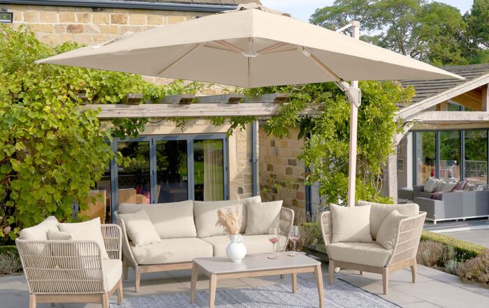Platinum Challenger Teak Champagne T2 3m Square Free Arm Parasol & 90kg Wheeled Base