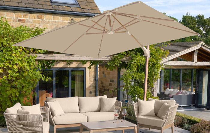 Platinum Challenger Teak Champagne T2 3m Square Free Arm Parasol & 90kg Wheeled Base