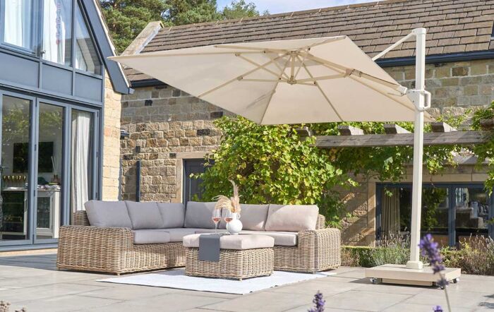 Platinum Challenger T2 3m Square Sandstone/Champagne Free Arm Parasol With Ceramica 90kg Wheeled Base