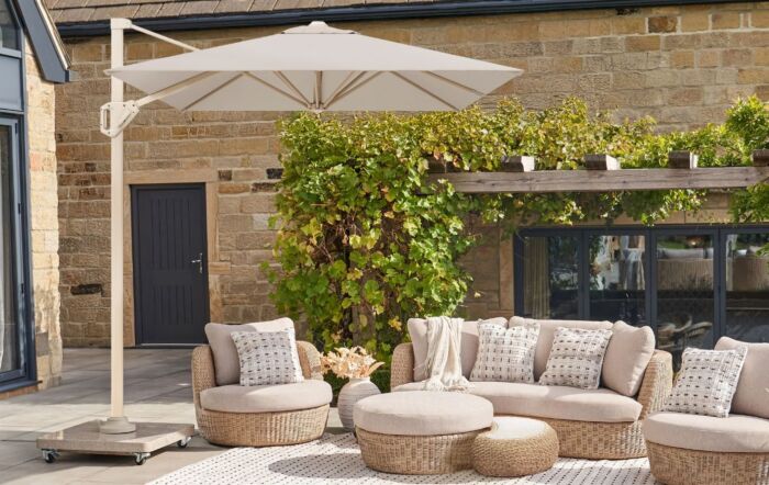 Platinum Voyager T1 3m x 2m Cantilever Parasol with 90kg Wheeled Granite Base - Champagne/Sand