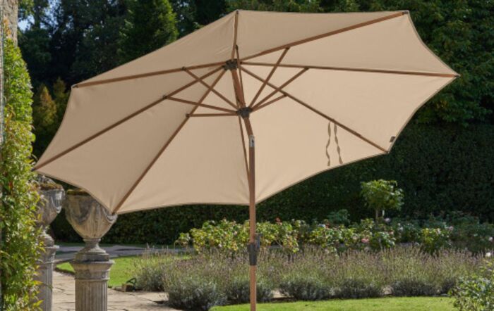 Platinum Riva 3mt Teak Champagne Parasol With 40kg Wheeled Base