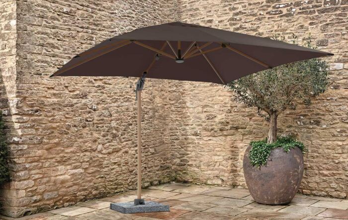 Bramblecrest Truro Wood Effect 3M Square LED Grey Parasol with Granite Base - FREE cover Bramblecrest Truro Wood Effect 3M Square LED Grey Parasol with Granite Base - FREE cover